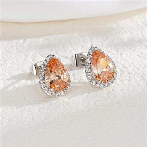 Champagne Teardrop Halo Stud Earrings Cubic Zirconia Simulated Diamond Jewelry - Picture 5 of 7